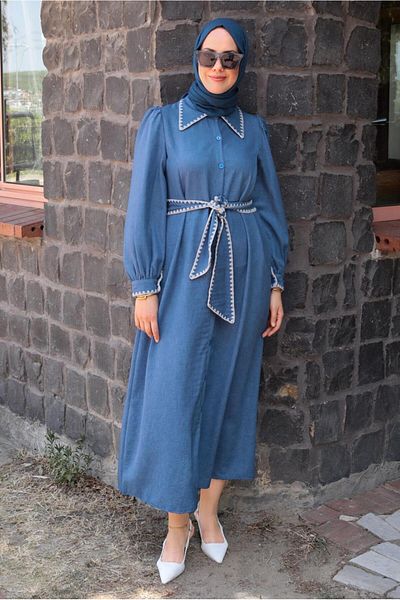 TRENDTESETTÜR Μπλε Navy Indigo Belted Hijab Φόρεμα - T 3791