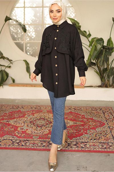 TRENDTESETTÜR قميص نسائي أسود منقوش تونك T 8302