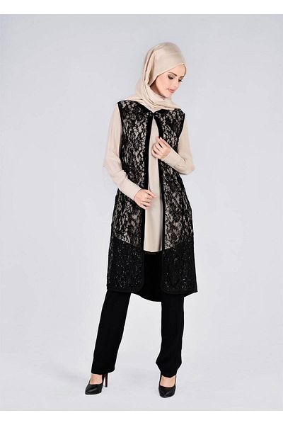 TRENDTESETTÜR Black Lace Vest and 3-Function Trousers Set - 3382