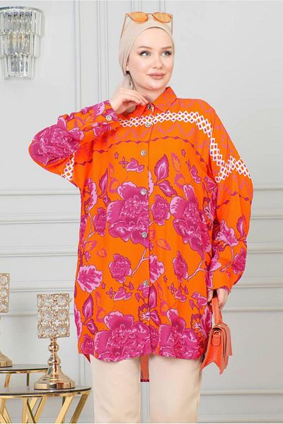 TRENDTESETTÜR Orange Patterned Cotton Women's Shirt Tunic - T 4231