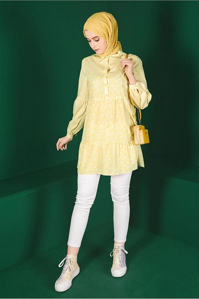 TRENDTESETTÜR Yellow Floral Patterned Women's Tunic - Buttoned, T 42876