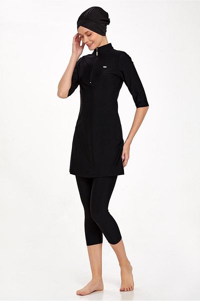 TRENDTESETTÜR Costum de baie hijab negru cu mâneci trei sferturi pentru femei T 3400