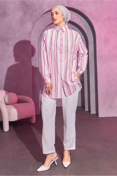 TRENDTESETTÜR Pink Striped Women's Shirt Tunic - T 8414