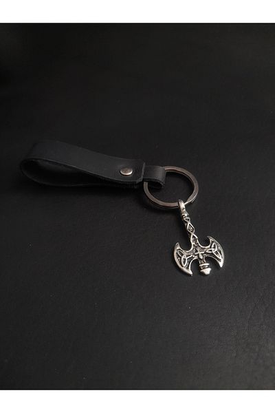 BSN Store Nordic Fashion Double Axe Figured Genuine Leather Keychain