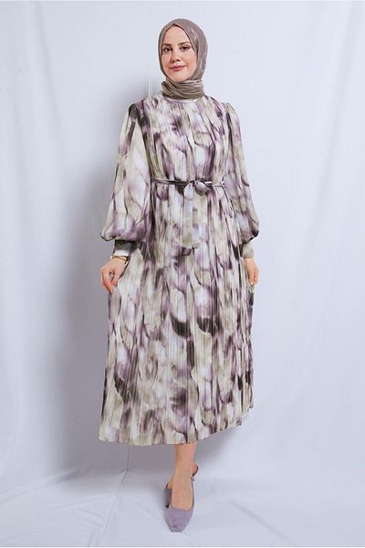 TRENDTESETTÜR Φόρεμα σιφόν με μοτίβο κρέμας - Ζώνη, T 0985-2