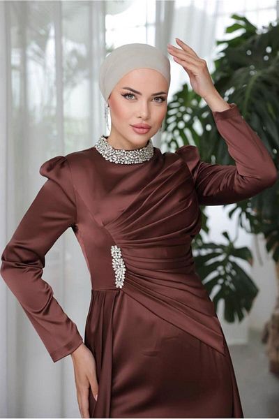 TRENDTESETTÜR WOMEN'S BROWN STONE SATIN GOWN DRESS T 7654