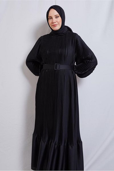 TRENDTESETTÜR Μαύρη ζωσμένη γυναικεία βραδινή φόρεμα με ζώνη - T 3534