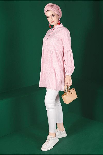 TRENDTESETTÜR Powder Colored Floral Patterned Women's Tunic - Buttoned, T 42876
