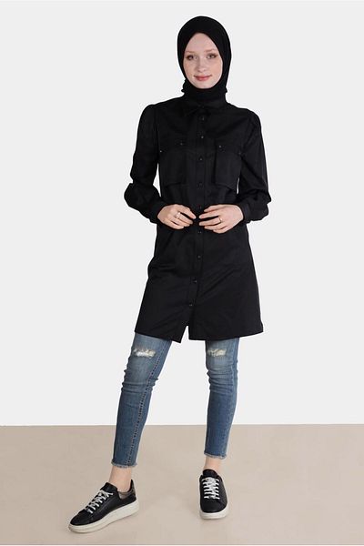 TRENDTESETTÜR Black Pocketed Tunic - Women's, Buttoned T-42639