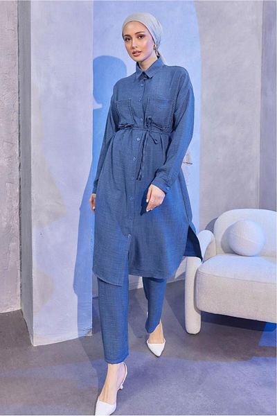 TRENDTESETTÜR Γυναικείο Navy Blue (INDIGO) Λινό Παντελόνι Σετ T 5304