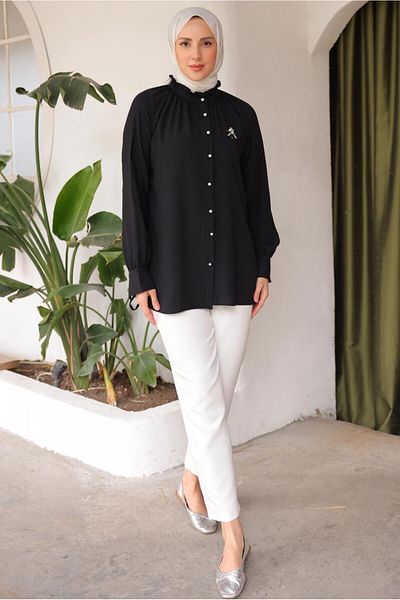TRENDTESETTÜR WOMEN'S BLACK BROOCHE DETAILED SHIRT TUNIC T 93616