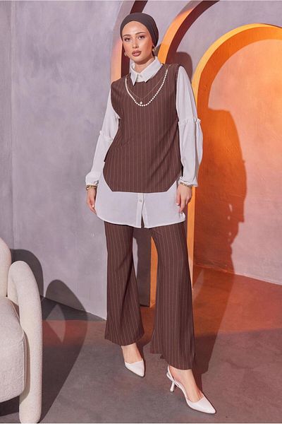 TRENDTESETTÜR Γυναικείο Σετ Τρία Παντελόνια με Λεπτομέρεια Αλυσίδας σε Καφέ Χρώμα - T 1404