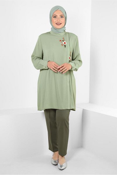 TRENDTESETTÜR Πράσινο Κεντημένο Τουνίκ Plus Size - Çağla T 20247