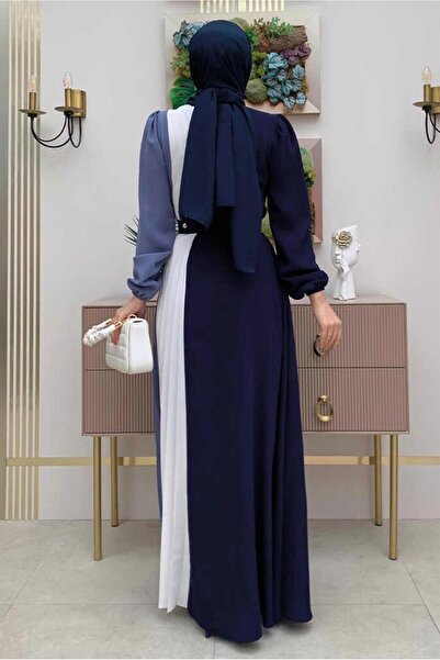 TRENDTESETTÜR Navy Blue Pleated Three Color Women's Dress - T 2263