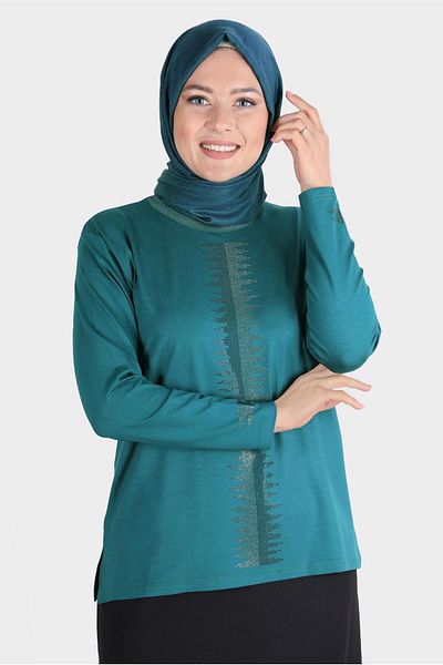 TRENDTESETTÜR Μπλούζα με στάμπα μπλε πέτρας Plus Size - Petrol 20251