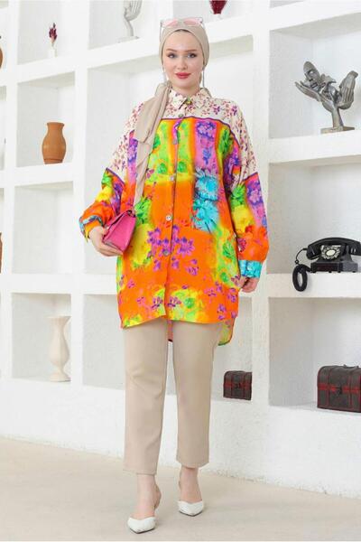 TRENDTESETTÜR Μωβ γυναικείο πουκάμισο με σχέδιο Lavanata από βαμβάκι - T 3852