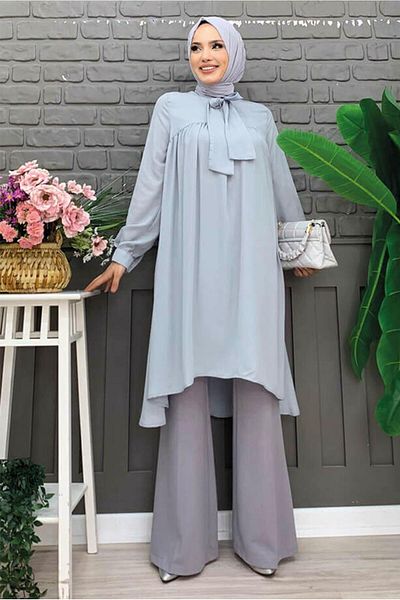 TRENDTESETTÜR WOMEN'S GRAY COLLAR TIE-UP CHIFFON CREPE TUNIC T 4542