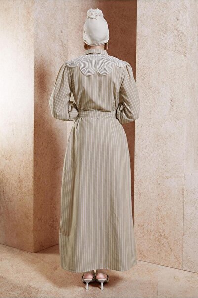 TRENDTESETTÜR Γυναικείο φόρεμα μπεζ ριγέ με ζώνη - T 3202