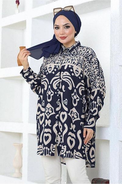 TRENDTESETTÜR Navy Blue Patterned Cotton Women's Tunic - T 3548