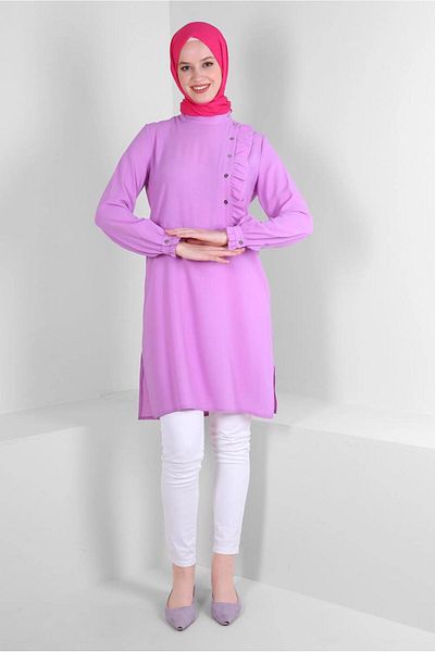 TRENDTESETTÜR Purple Ruffle Tunic - Women's, Buttoned, T 42825