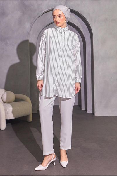 TRENDTESETTÜR Ecru Striped Women's Shirt Tunic - T 4414
