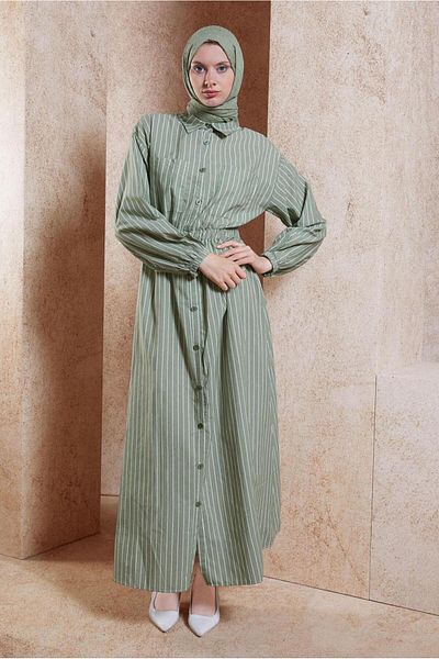 TRENDTESETTÜR Green Striped Women's Hijab Dress - T 2002