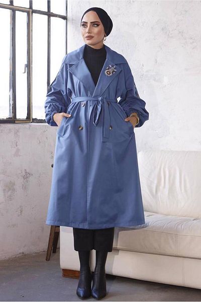 TRENDTESETTÜR Γυναικεία καμπαρντίνα Navy Blue Indigo Belted - T 9329