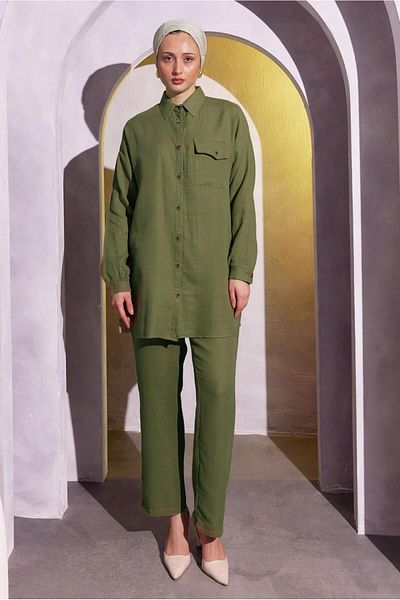 TRENDTESETTÜR Σετ γυναικείο παντελόνι Khaki Muslin - T 3904