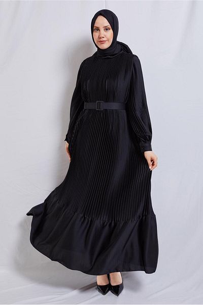 TRENDTESETTÜR Μαύρη ζωσμένη γυναικεία βραδινή φόρεμα με ζώνη - T 3534