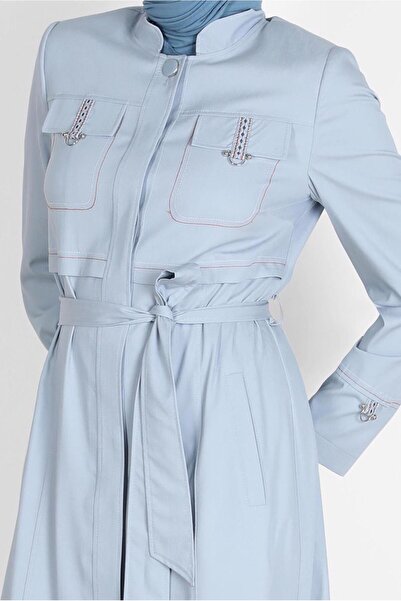 TRENDTESETTÜR Blue Judge Collar Belted Women's Overcoat - ICE BLUE T 10571