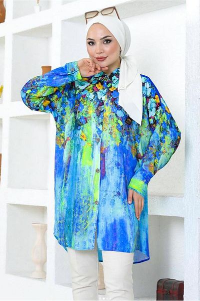 TRENDTESETTÜR Navy Blue (Sax) Patterned Cotton Tunic - Women's T 6642