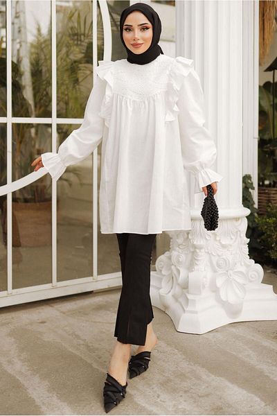TRENDTESETTÜR WOMEN'S Ecru Ruffle Detailed TUNIC T 4402