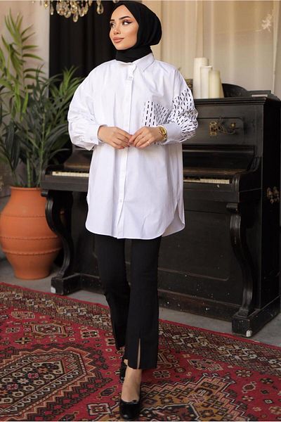TRENDTESETTÜR WOMEN'S WHITE STRIPE PATTERNED SHIRT TUNIC T 3302
