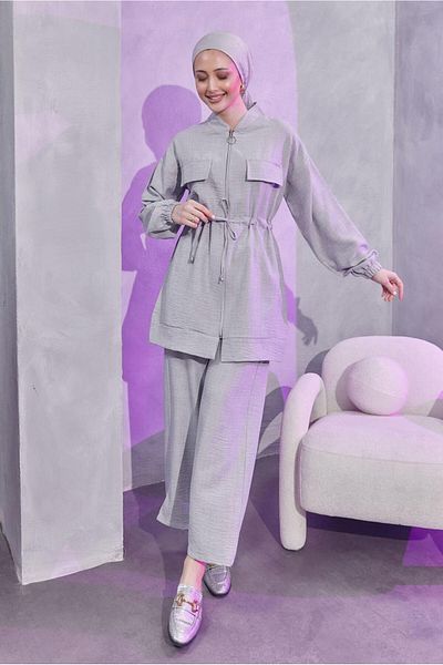 TRENDTESETTÜR Gray Lace-Up Women's Trousers Set - T 3304