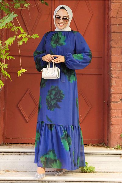 TRENDTESETTÜR Μπλε Navy Indigo Belted Hijab Φόρεμα - T 4906-1