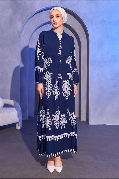 TRENDTESETTÜR Ναυτικό φόρεμα Hijab με σχέδιο - Γυναικείο T 9614