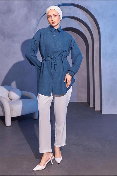 TRENDTESETTÜR Navy Blue Indigo Women's Tunic - Waist Lace-up T 6214
