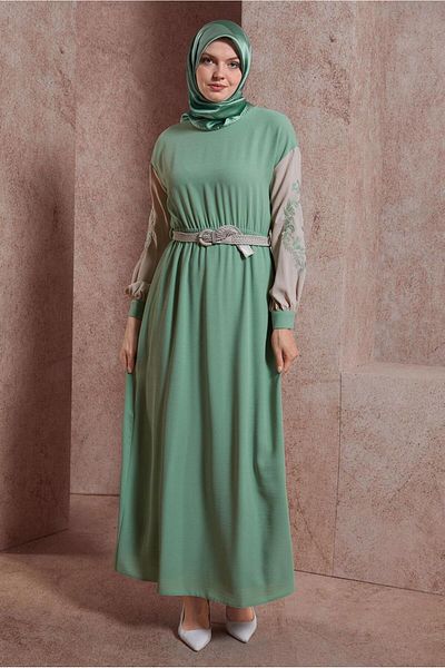 TRENDTESETTÜR Green Embroidered Women's Dress - Çağla T 42623