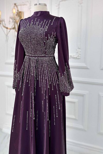 TRENDTESETTÜR Plum Stoned Testature Evening Dress - T 3853