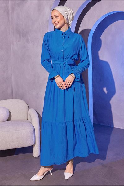 TRENDTESETTÜR Navy Blue Saks Belted Hijab Φόρεμα - Γυναικείο T 7814