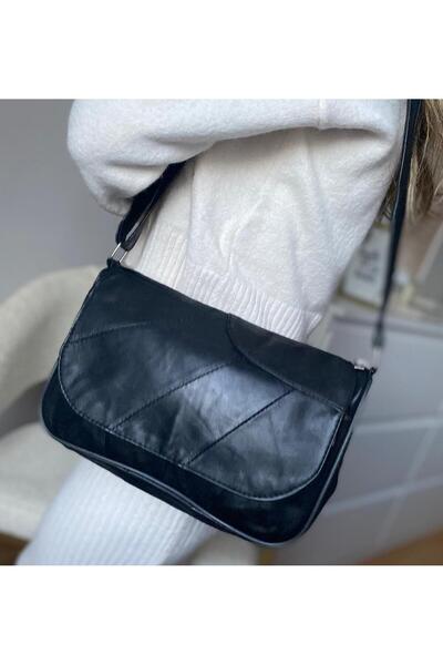 TopTrendy حقيبة كتف نسائية من الجلد الطبيعي باللون الأسود - حقيبة كتف وحقيبة كروس ونموذج أوراق الشجر