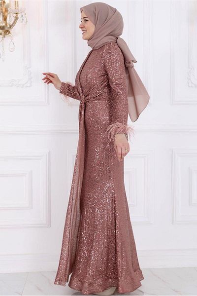 TRENDTESETTÜR Βραδινό φόρεμα ροζ Dusty Rose Sequined Hijab - T 3953