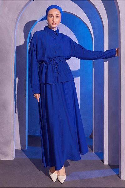 TRENDTESETTÜR Γυναικείο κοστούμι με φούστα Navy Blue Saks - Μέση με κορδόνι T 8714