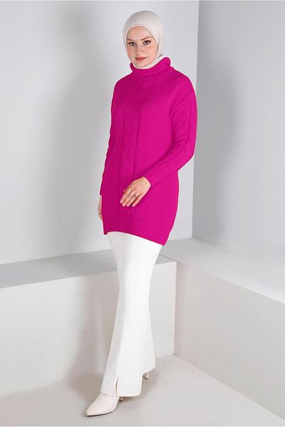 TRENDTESETTÜR Fuchsia Knitted Detailed Turtleneck Knitwear Tunic - Women's 43119