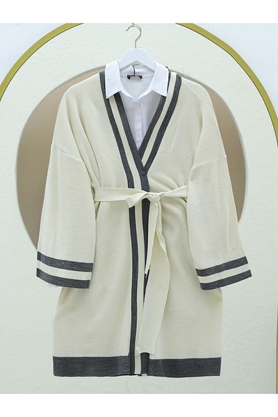 Modamorfo Knitwear Cardigan with Collar and Cuff Stripe - Smoked