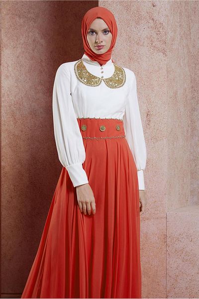 TRENDTESETTÜR Coral Colored Chiffon Women's Evening Dress - T 5950