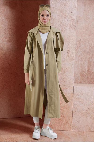 TRENDTESETTÜR Γυναικεία βαμβακερή καμπαρντίνα - Camel Color, Belted T 3201