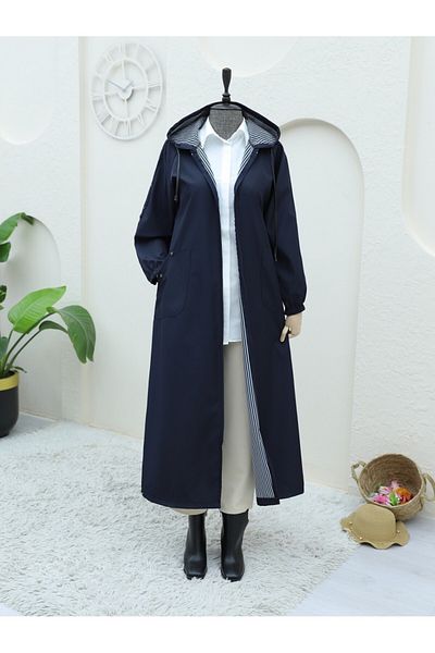 Modamorfo Hooded Zippered Metal Detailed Trench Coat - Navy