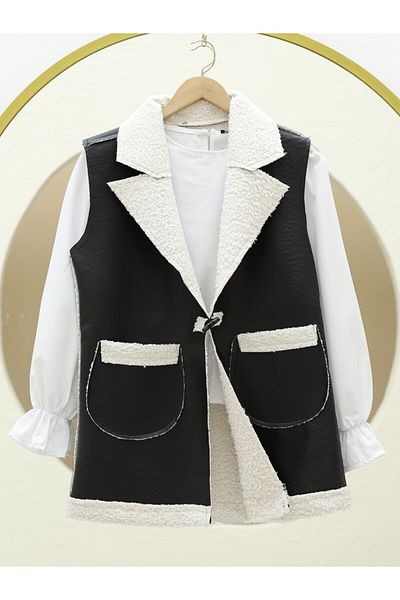 Modamorfo Ecrufarbene Lamm-Plüschweste mit zwei Taschen