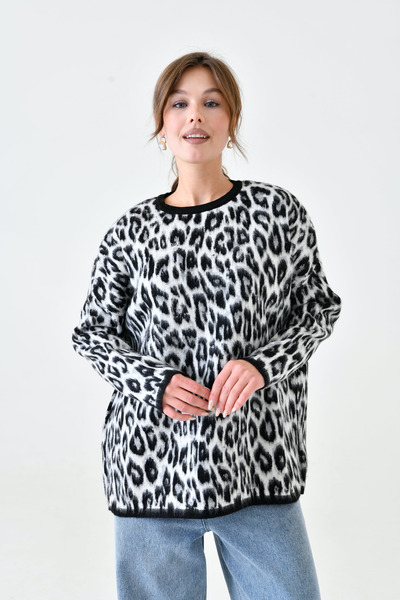 Moda Amore Pulover de damă din tricotaje - cu model leopard, cu croiala largă, mărime standard 003